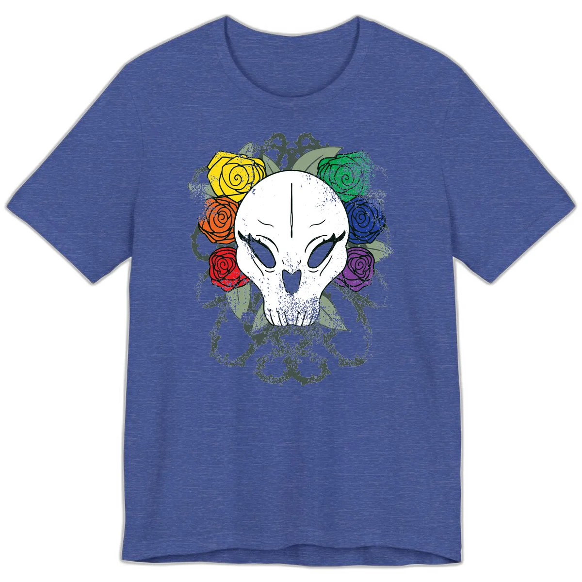 White skull with rainbow colored roses in yellow, orange, red, blue, green, and purple surrounding it on gray background in Heather True Royal