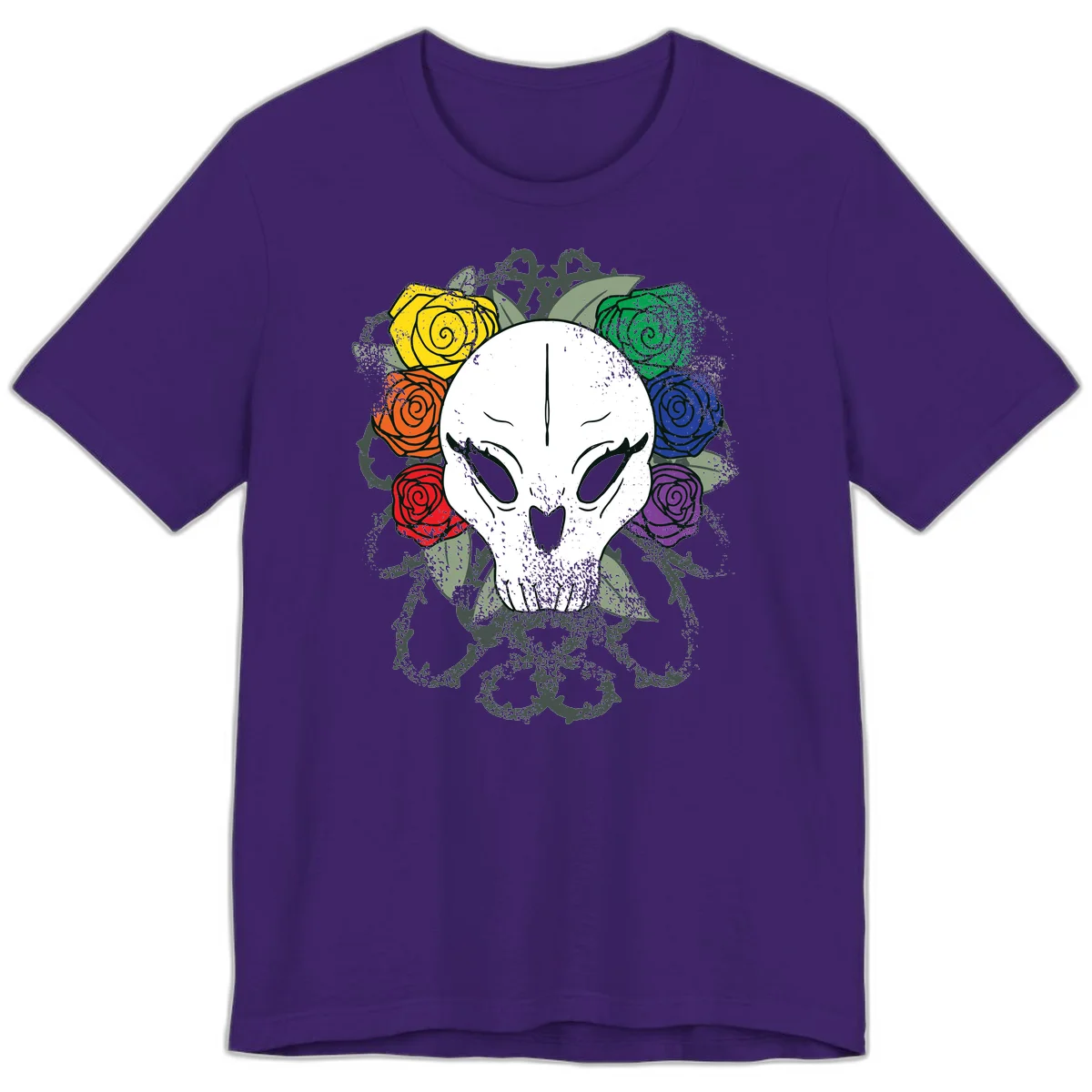 White skull with rainbow colored roses in yellow, orange, red, blue, green, and purple surrounding it on gray background in Team Purple