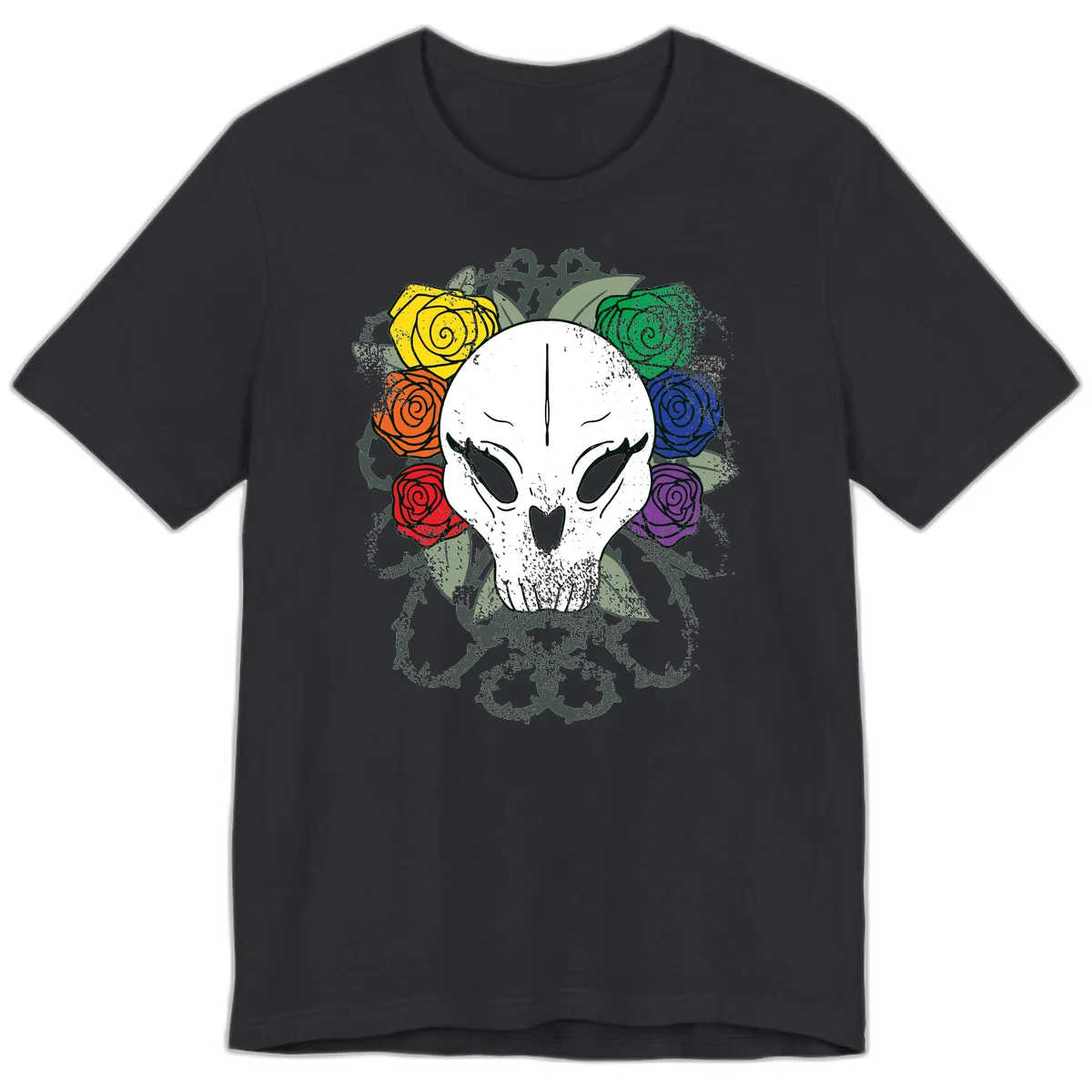 White skull with rainbow colored roses in yellow, orange, red, blue, green, and purple surrounding it on gray background in Vintage Black
