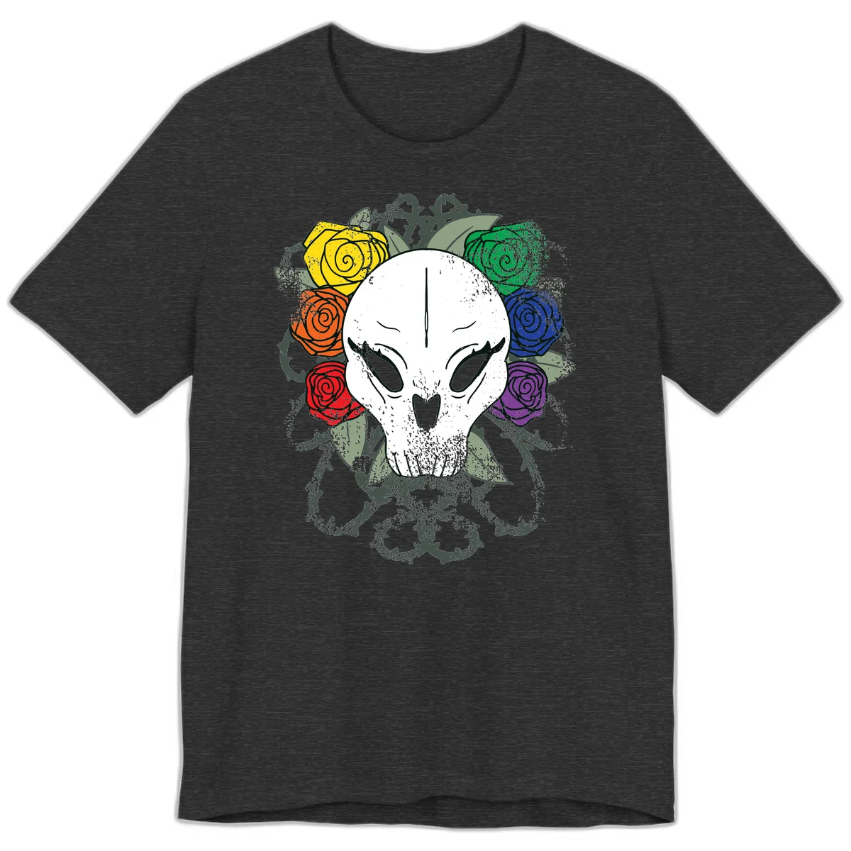 White skull with rainbow colored roses in yellow, orange, red, blue, green, and purple surrounding it on gray background in Dark Grey Heather