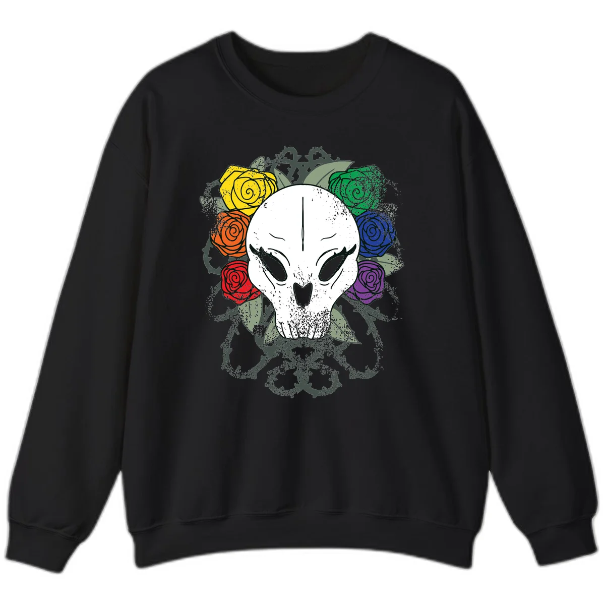 White skull with rainbow colored roses in yellow, orange, red, blue, green, and purple surrounding it on gray background in Black