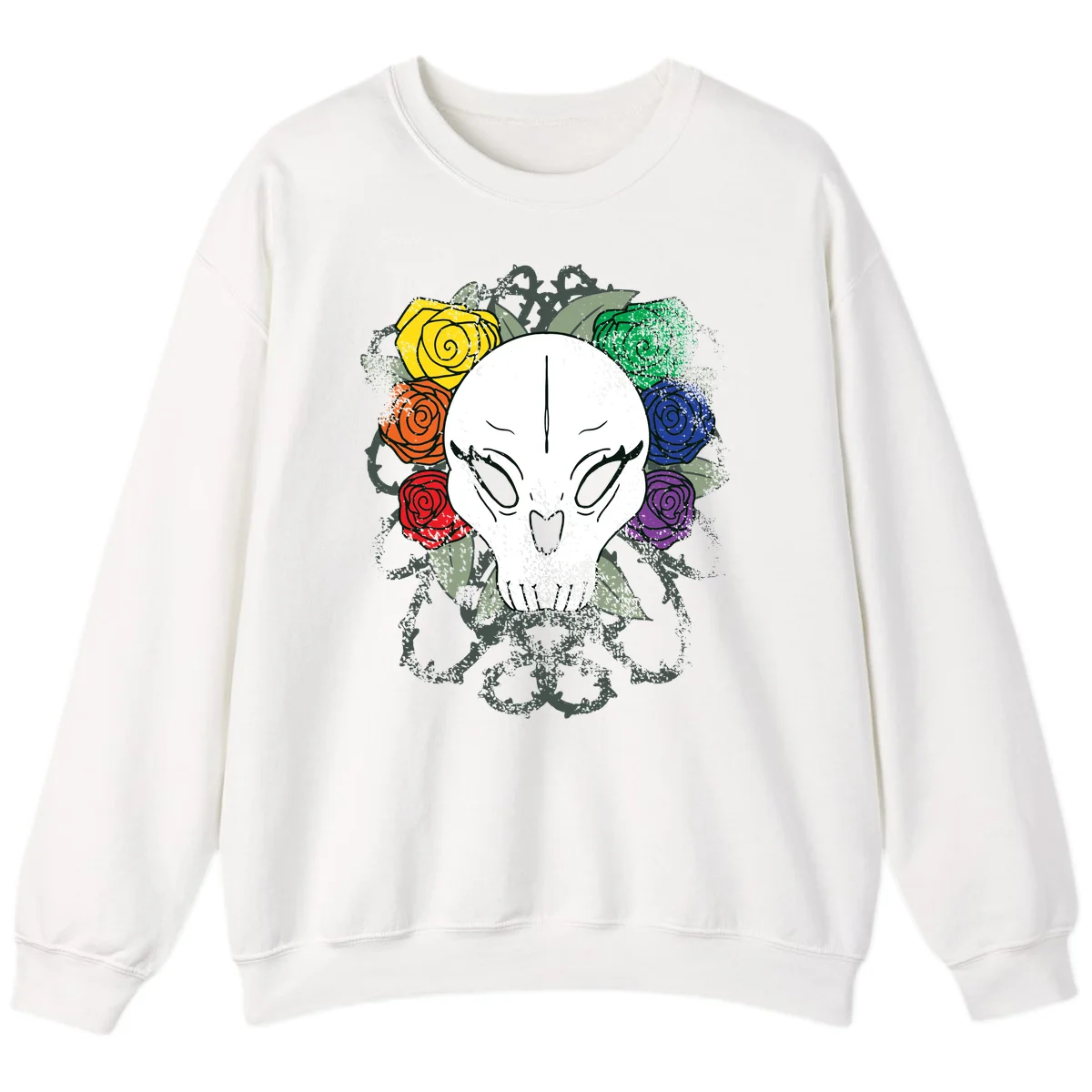 White skull with rainbow colored roses in yellow, orange, red, blue, green, and purple surrounding it on gray background in White