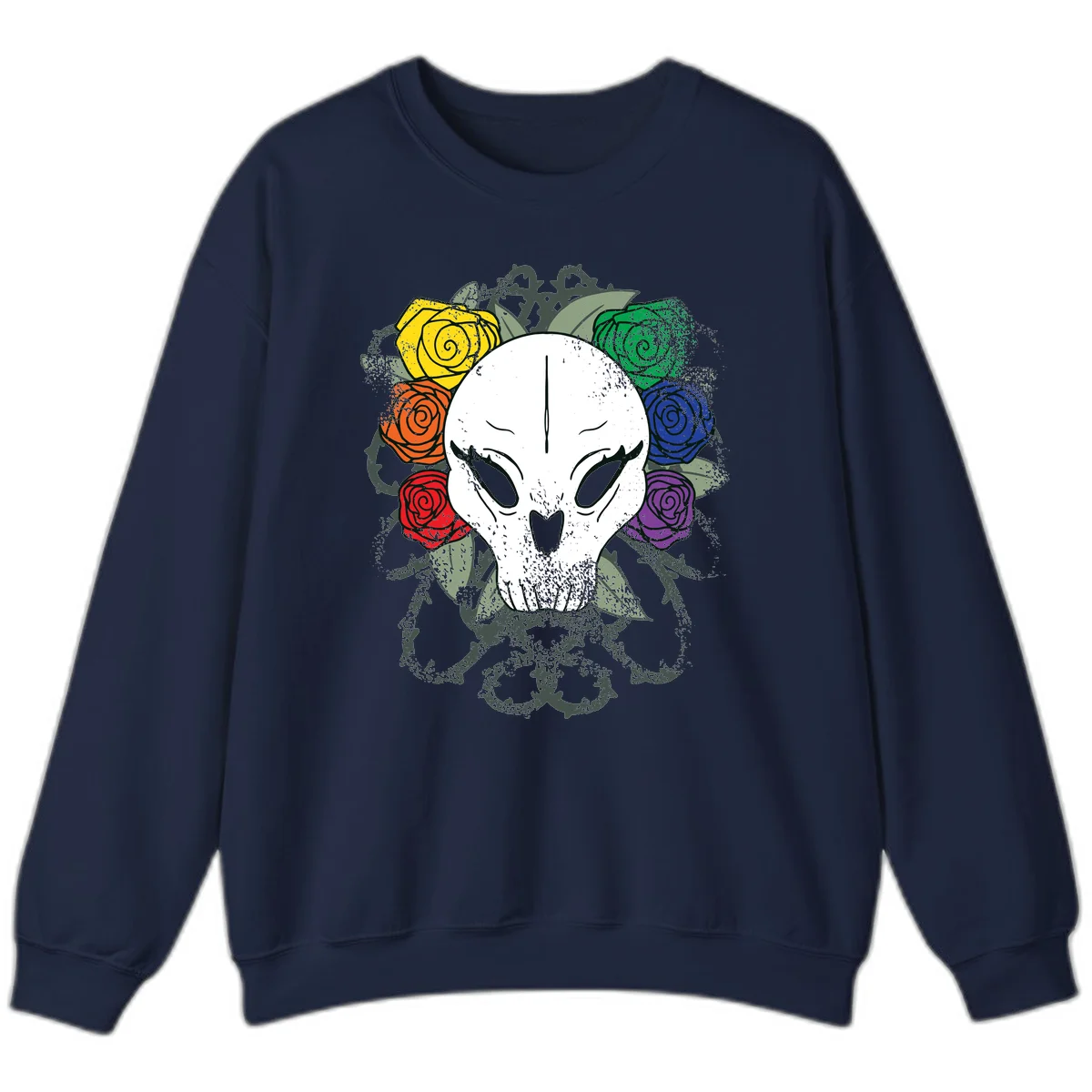 White skull with rainbow colored roses in yellow, orange, red, blue, green, and purple surrounding it on gray background in Navy