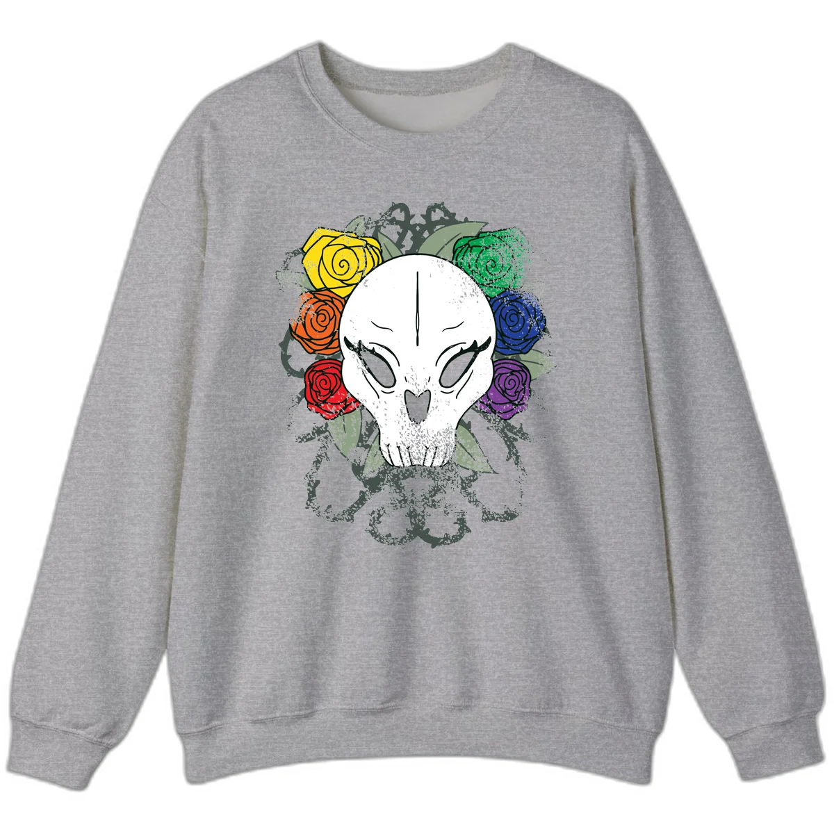 White skull with rainbow colored roses in yellow, orange, red, blue, green, and purple surrounding it on gray background in Sport Grey