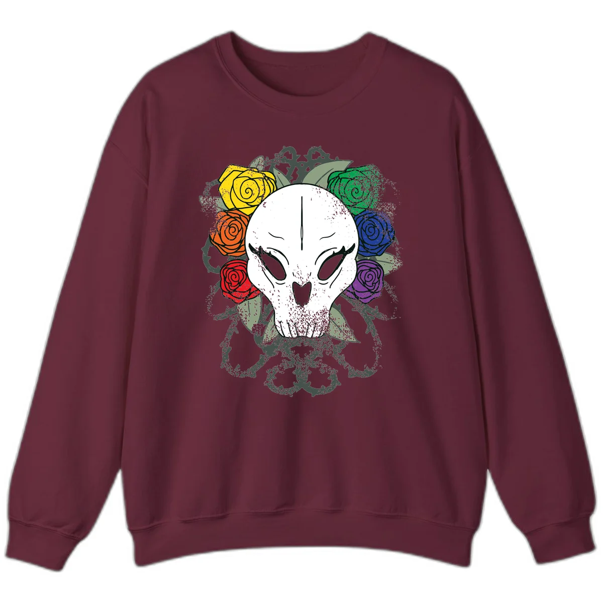 White skull with rainbow colored roses in yellow, orange, red, blue, green, and purple surrounding it on gray background in Maroon
