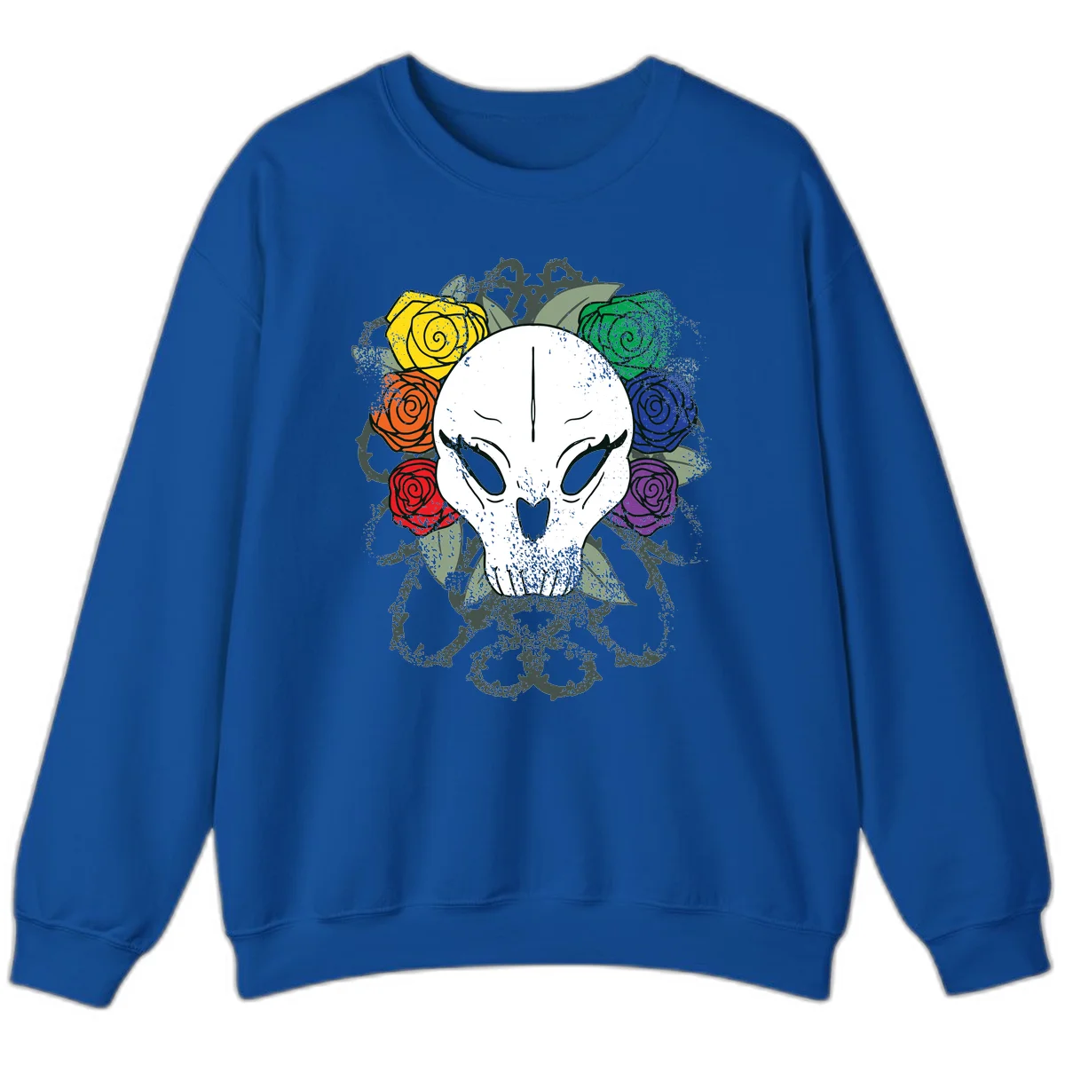 White skull with rainbow colored roses in yellow, orange, red, blue, green, and purple surrounding it on gray background in Royal