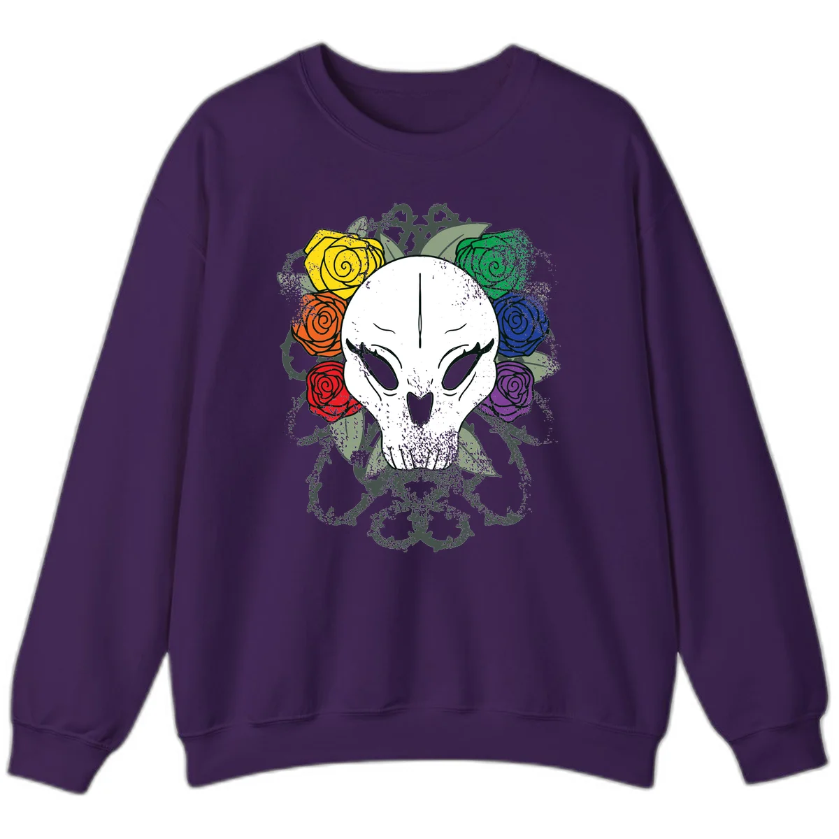 White skull with rainbow colored roses in yellow, orange, red, blue, green, and purple surrounding it on gray background in Purple