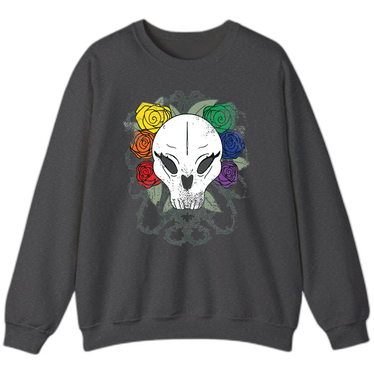 White skull with rainbow colored roses in yellow, orange, red, blue, green, and purple surrounding it on gray background in Dark Heather