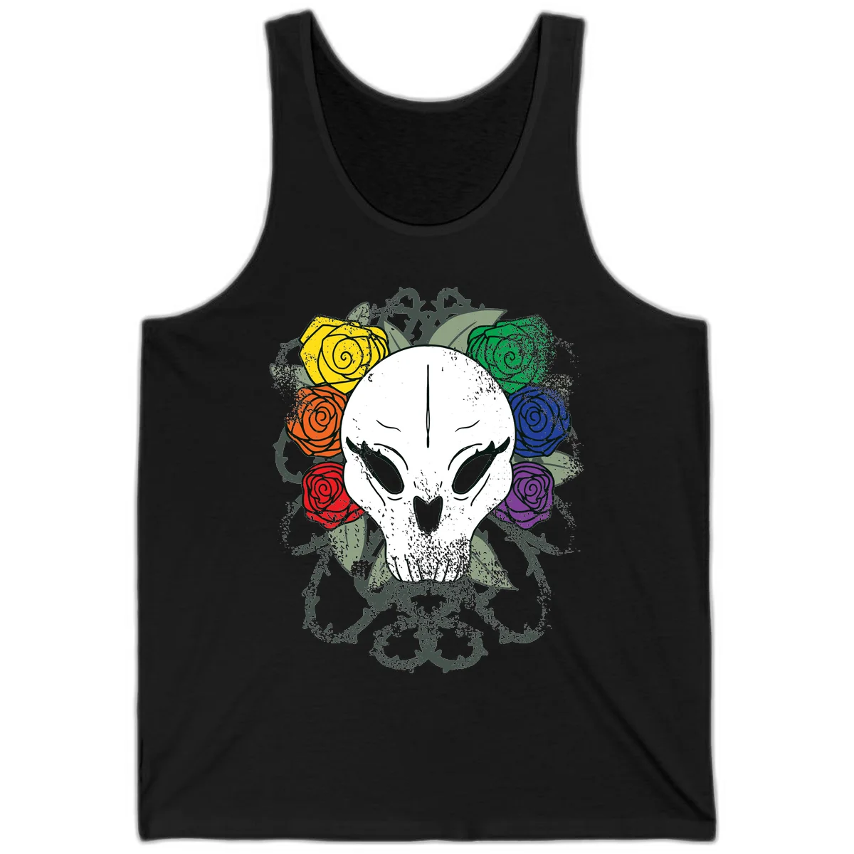 White skull with rainbow colored roses in yellow, orange, red, blue, green, and purple surrounding it on gray background in Black