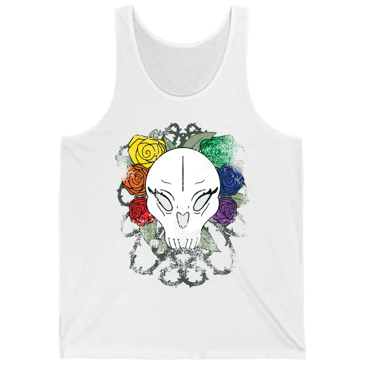 White skull with rainbow colored roses in yellow, orange, red, blue, green, and purple surrounding it on gray background in White