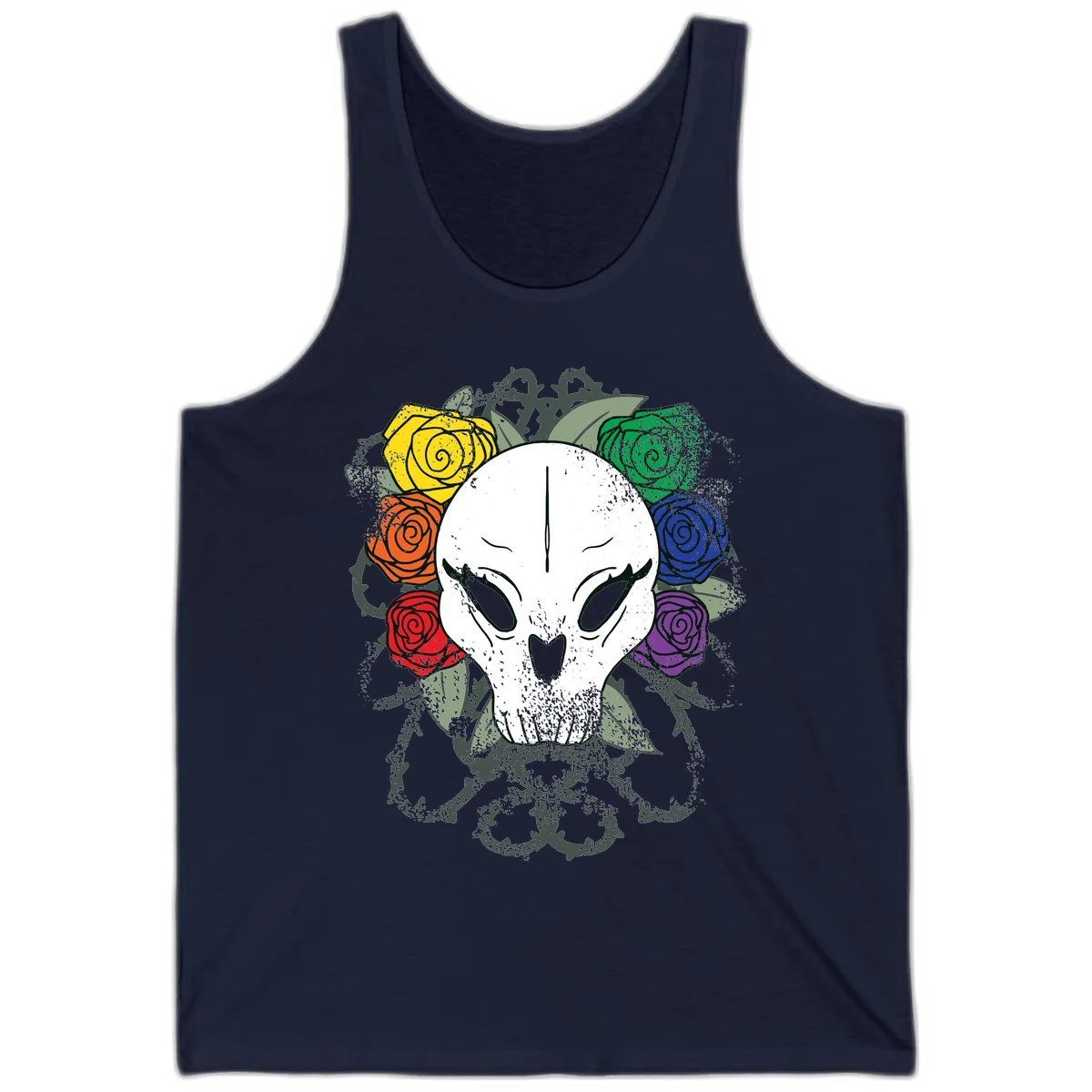 White skull with rainbow colored roses in yellow, orange, red, blue, green, and purple surrounding it on gray background in Navy
