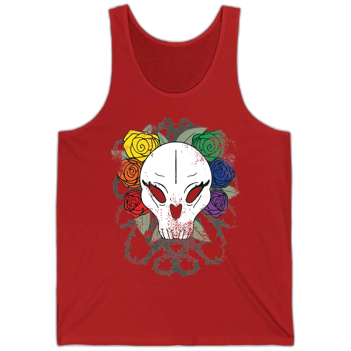 White skull with rainbow colored roses in yellow, orange, red, blue, green, and purple surrounding it on gray background in Red