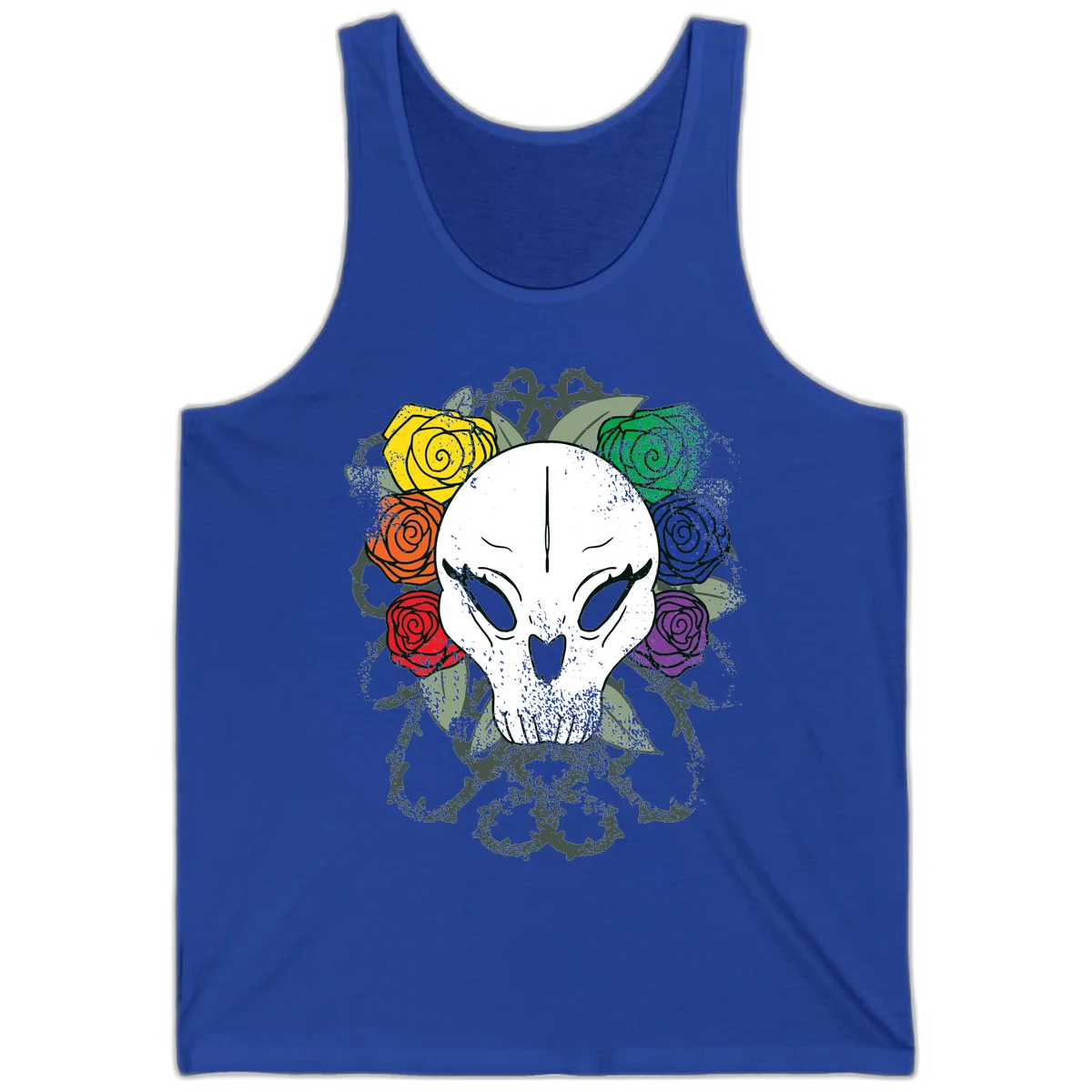 White skull with rainbow colored roses in yellow, orange, red, blue, green, and purple surrounding it on gray background in True Royal