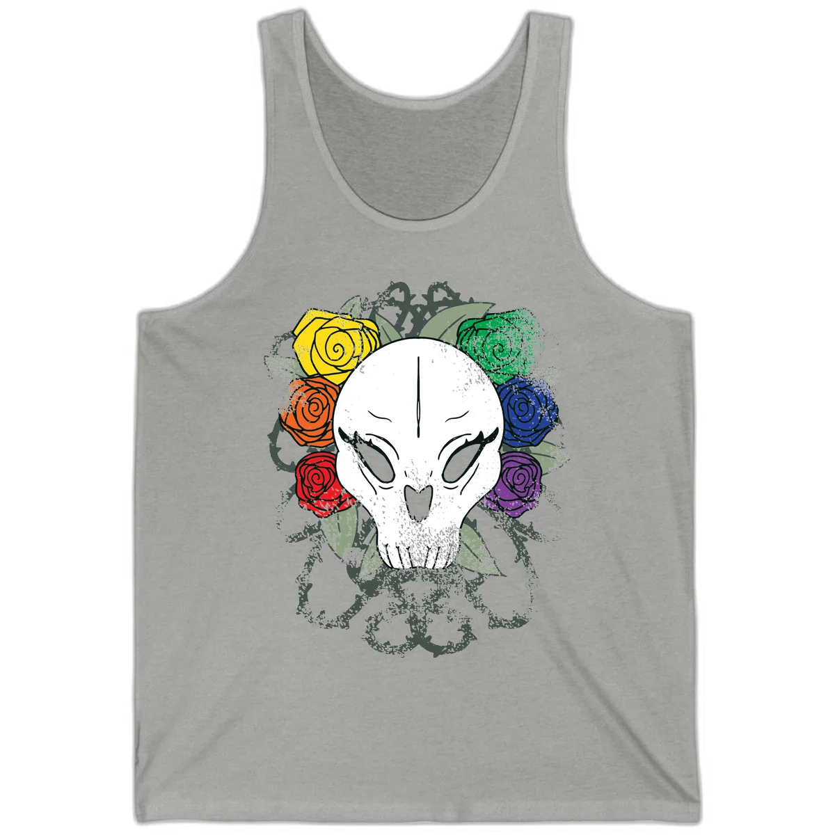 White skull with rainbow colored roses in yellow, orange, red, blue, green, and purple surrounding it on gray background in Athletic Heather
