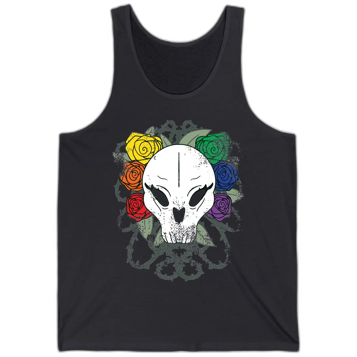 White skull with rainbow colored roses in yellow, orange, red, blue, green, and purple surrounding it on gray background in Dark Grey