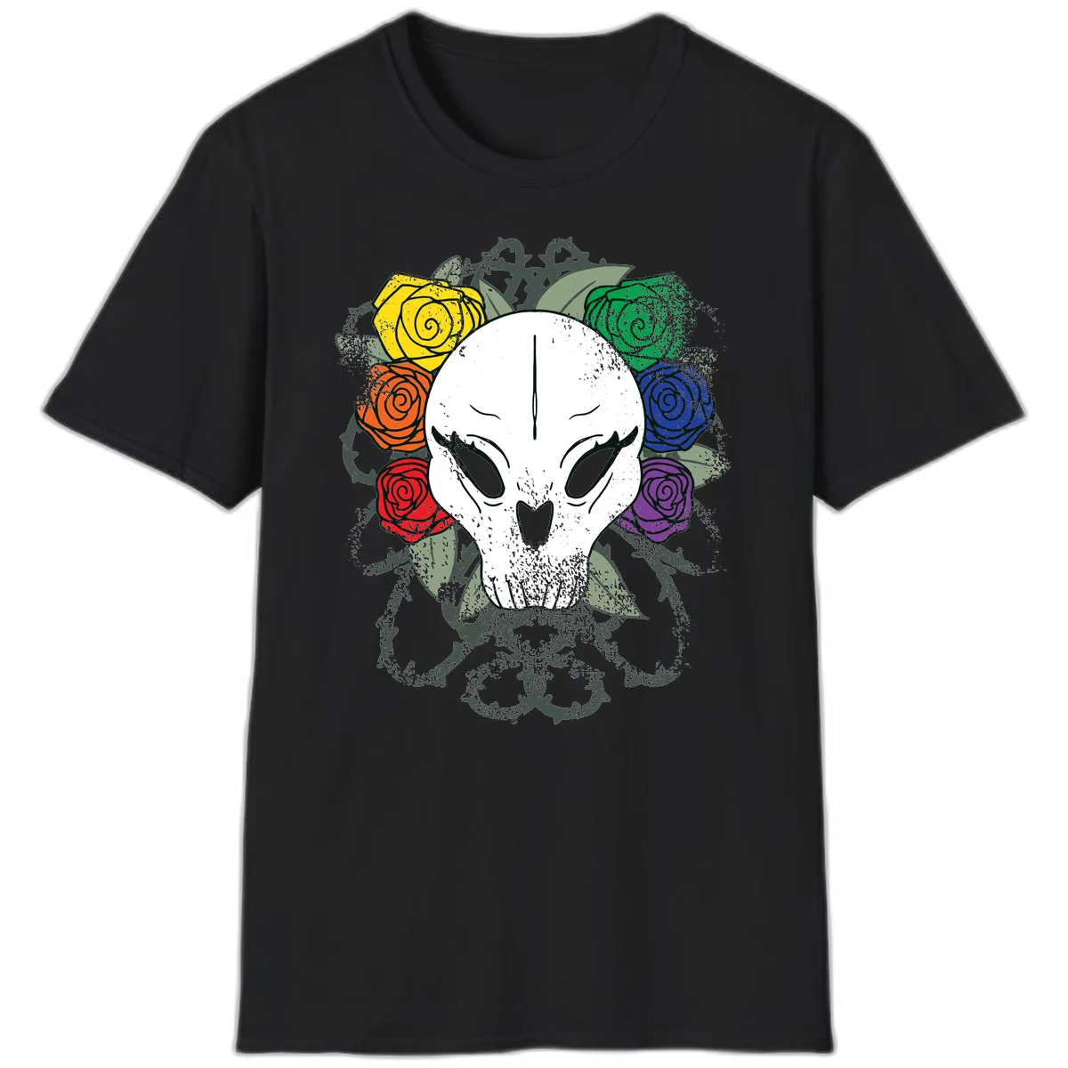 White skull with rainbow colored roses in yellow, orange, red, blue, green, and purple surrounding it on gray background in Black