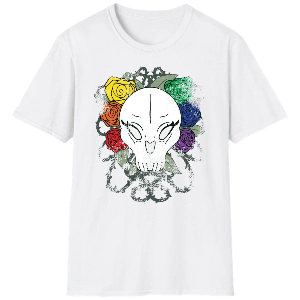 White skull with rainbow colored roses in yellow, orange, red, blue, green, and purple surrounding it on gray background in White