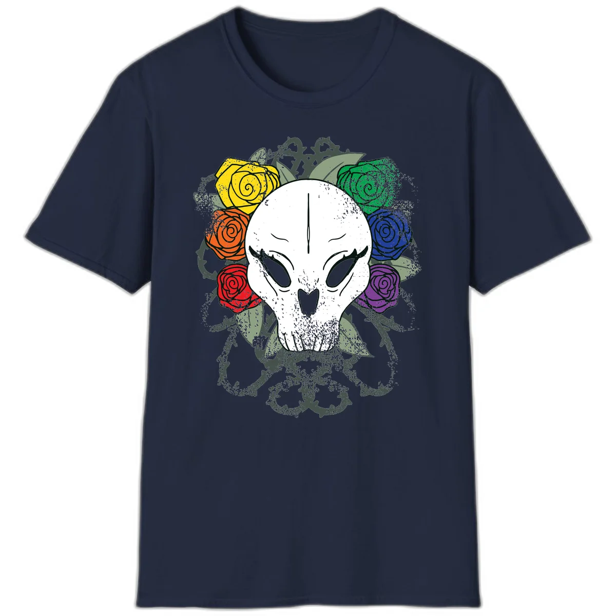White skull with rainbow colored roses in yellow, orange, red, blue, green, and purple surrounding it on gray background in Navy