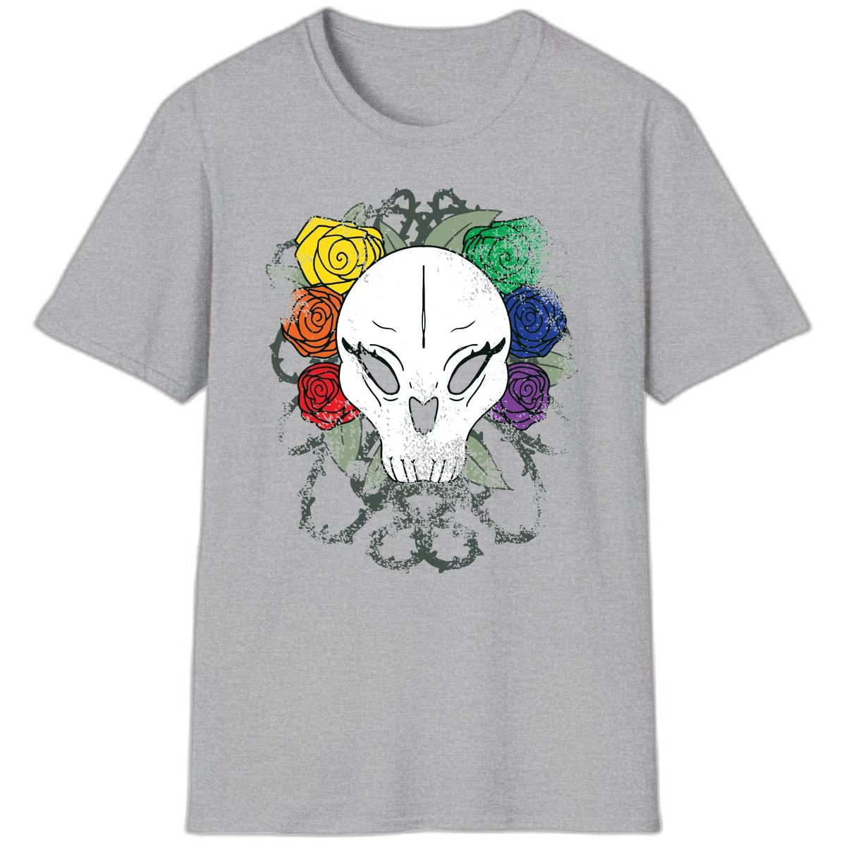 White skull with rainbow colored roses in yellow, orange, red, blue, green, and purple surrounding it on gray background in Sport Grey