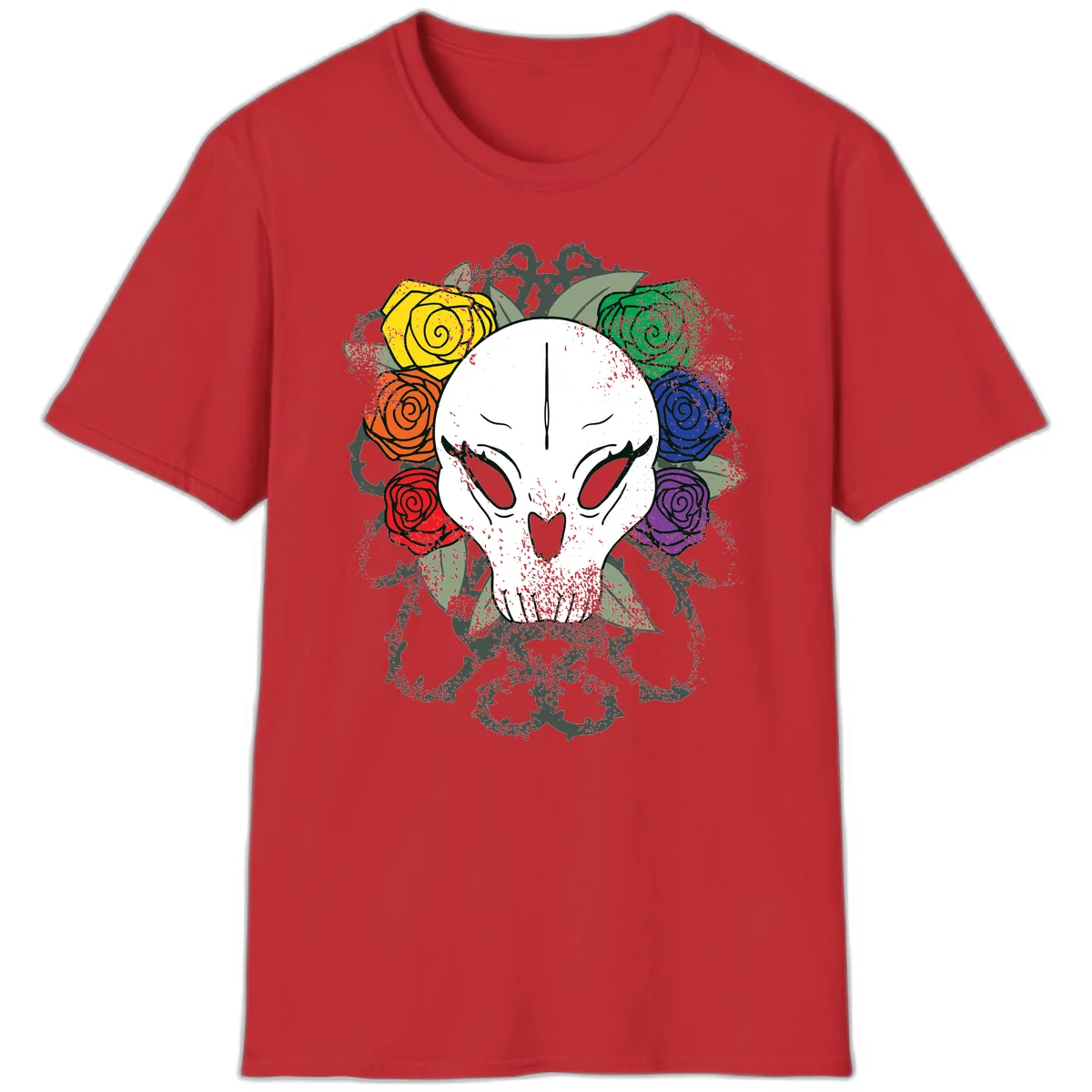 White skull with rainbow colored roses in yellow, orange, red, blue, green, and purple surrounding it on gray background in Red