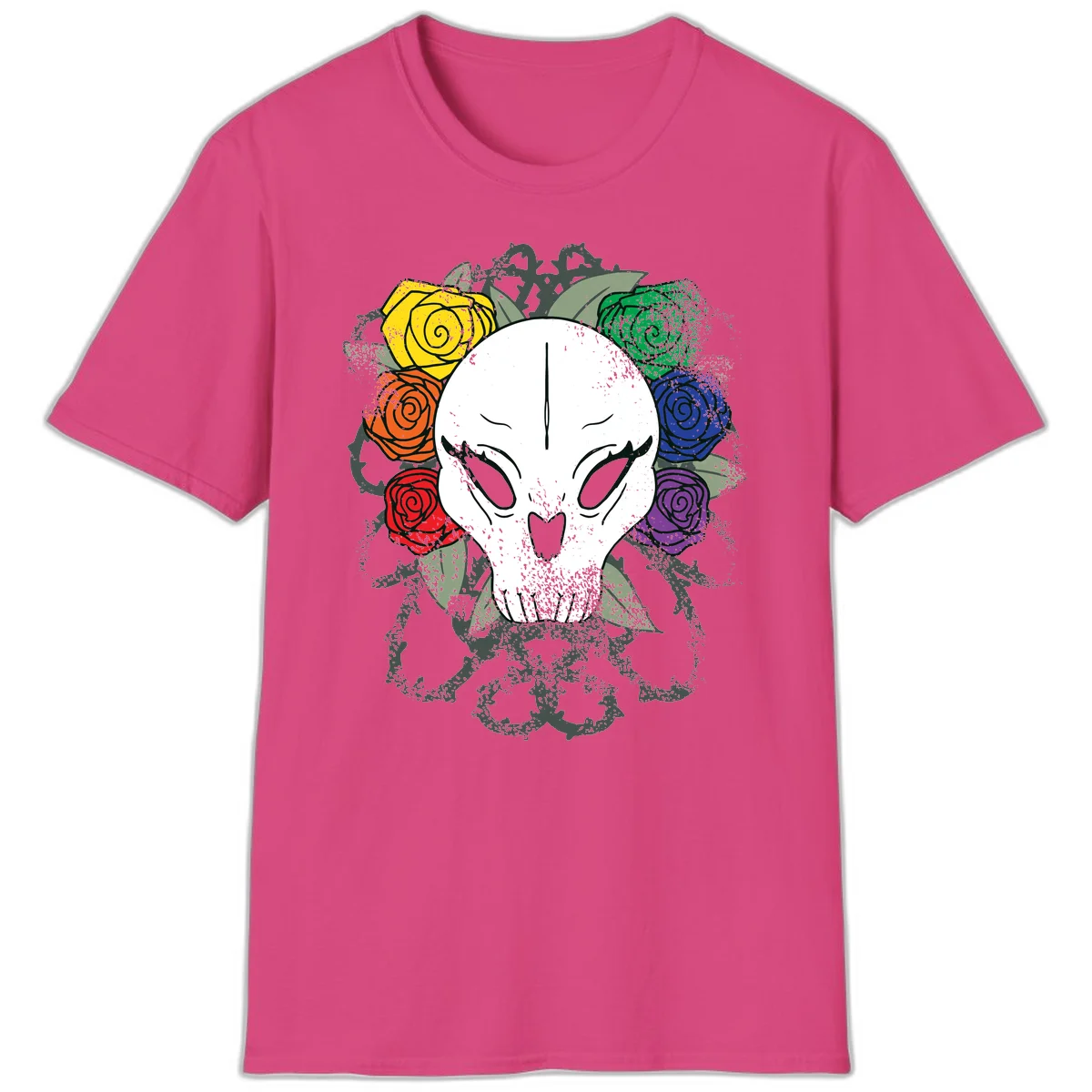 White skull with rainbow colored roses in yellow, orange, red, blue, green, and purple surrounding it on gray background in Heliconia