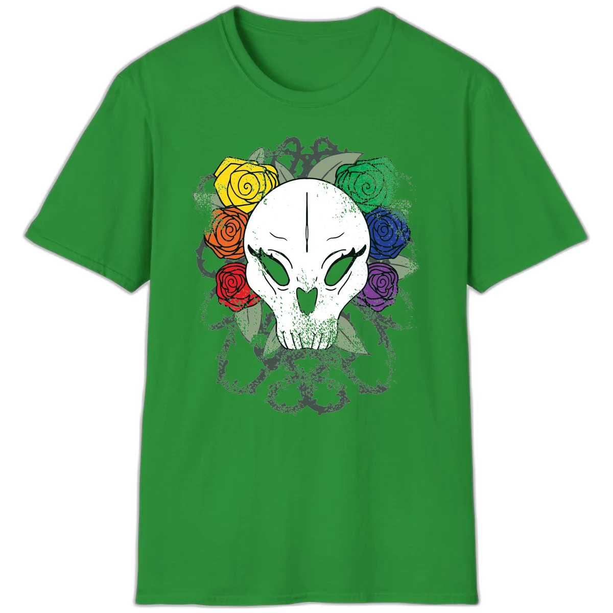 White skull with rainbow colored roses in yellow, orange, red, blue, green, and purple surrounding it on gray background in Irish Green