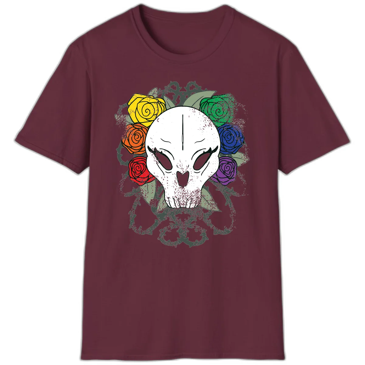 White skull with rainbow colored roses in yellow, orange, red, blue, green, and purple surrounding it on gray background in Maroon