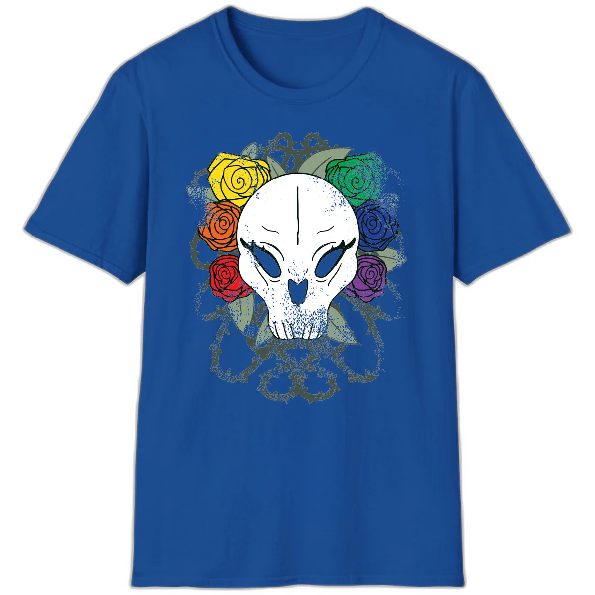 White skull with rainbow colored roses in yellow, orange, red, blue, green, and purple surrounding it on gray background in Royal