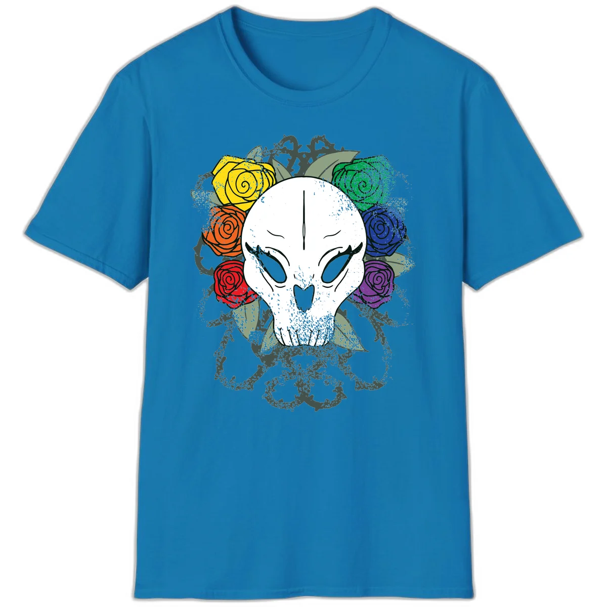 White skull with rainbow colored roses in yellow, orange, red, blue, green, and purple surrounding it on gray background in Sapphire