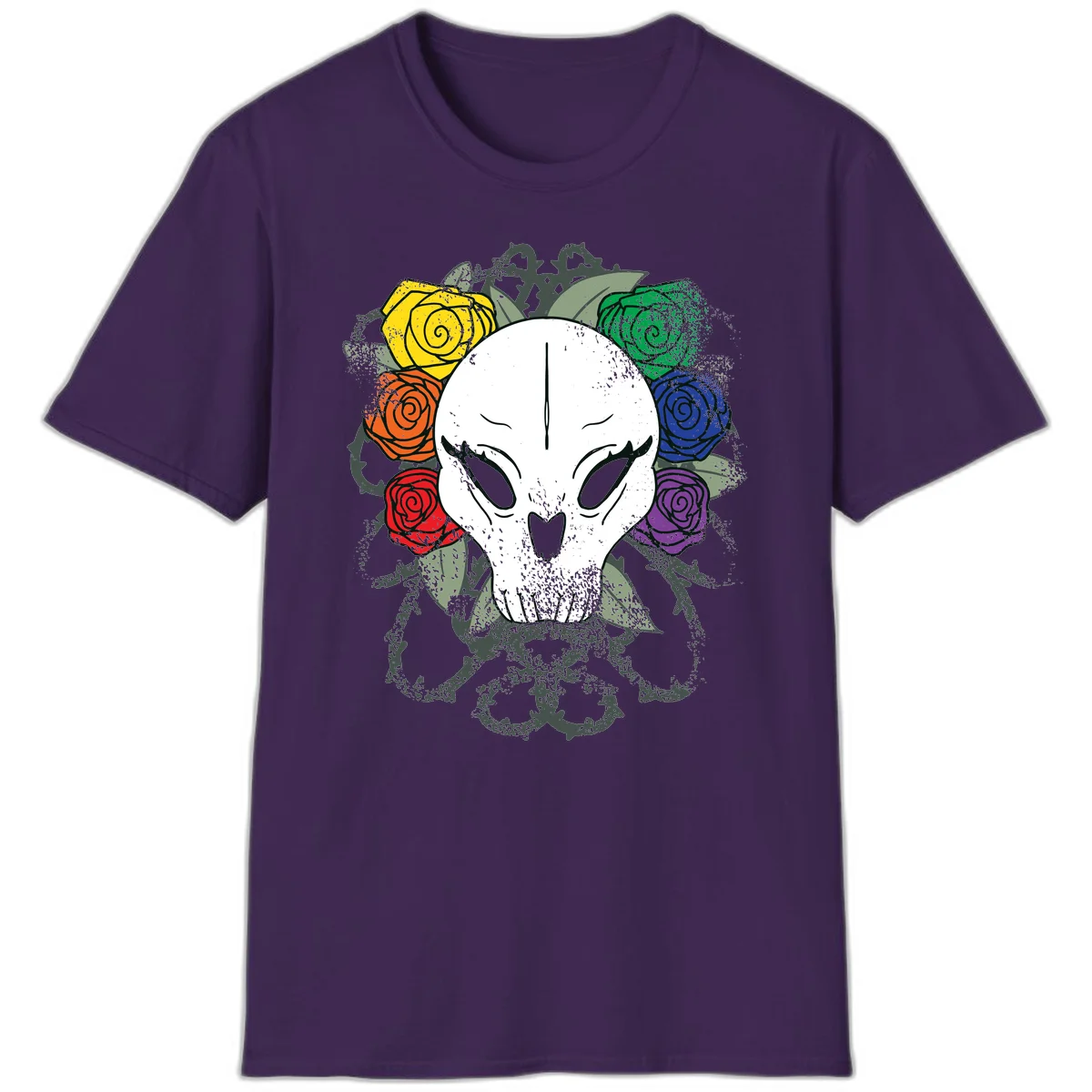 White skull with rainbow colored roses in yellow, orange, red, blue, green, and purple surrounding it on gray background in Purple