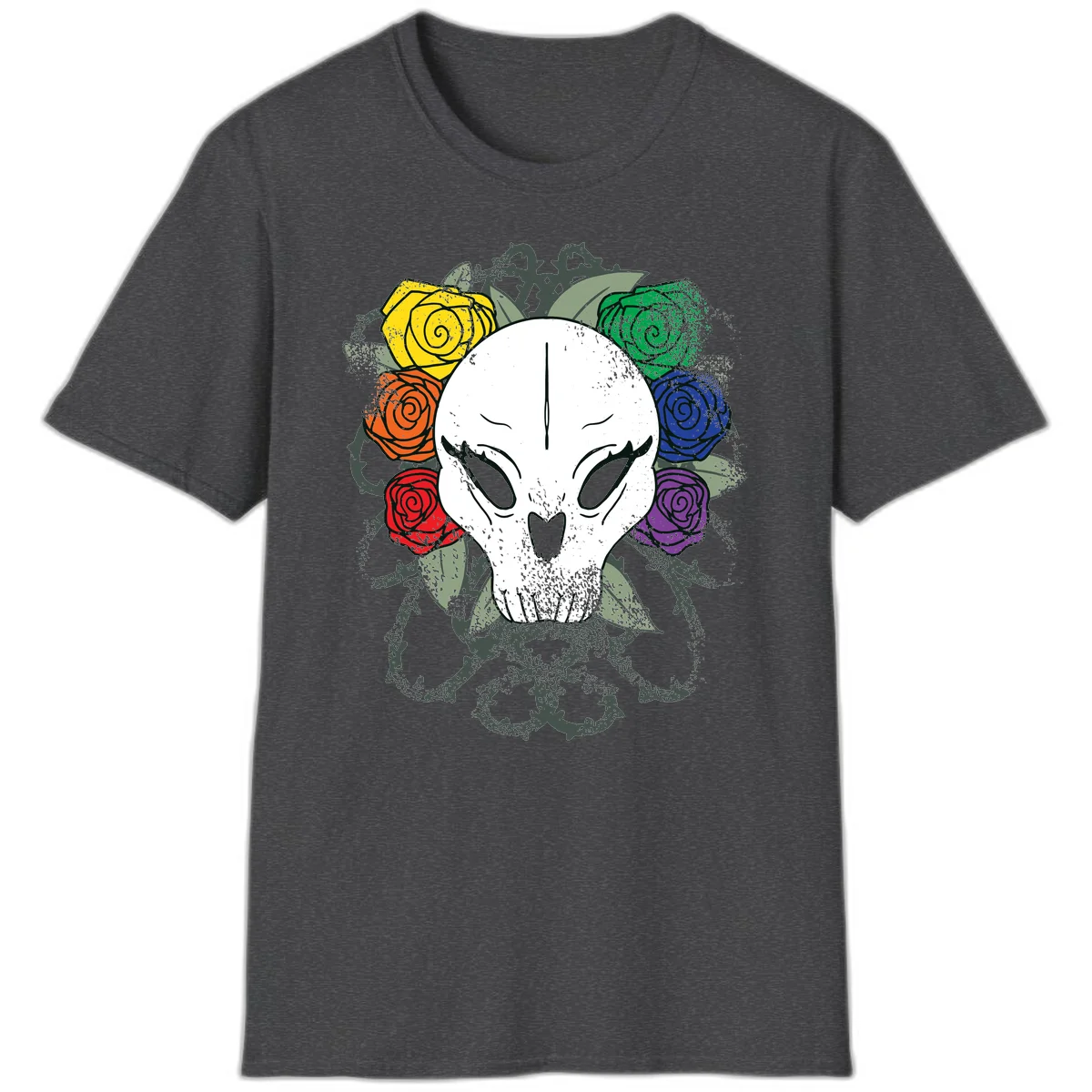 White skull with rainbow colored roses in yellow, orange, red, blue, green, and purple surrounding it on gray background in Dark Heather