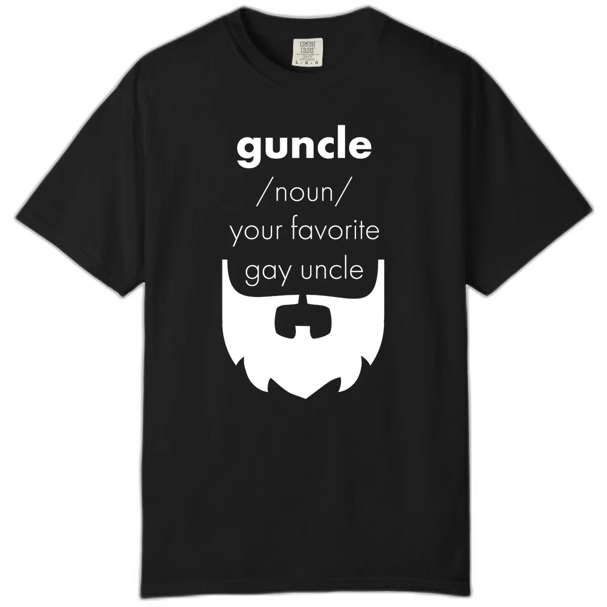 Guncle definition design: white bearded shield badge on gray background with text defining guncle as your favorite gay uncle in Black