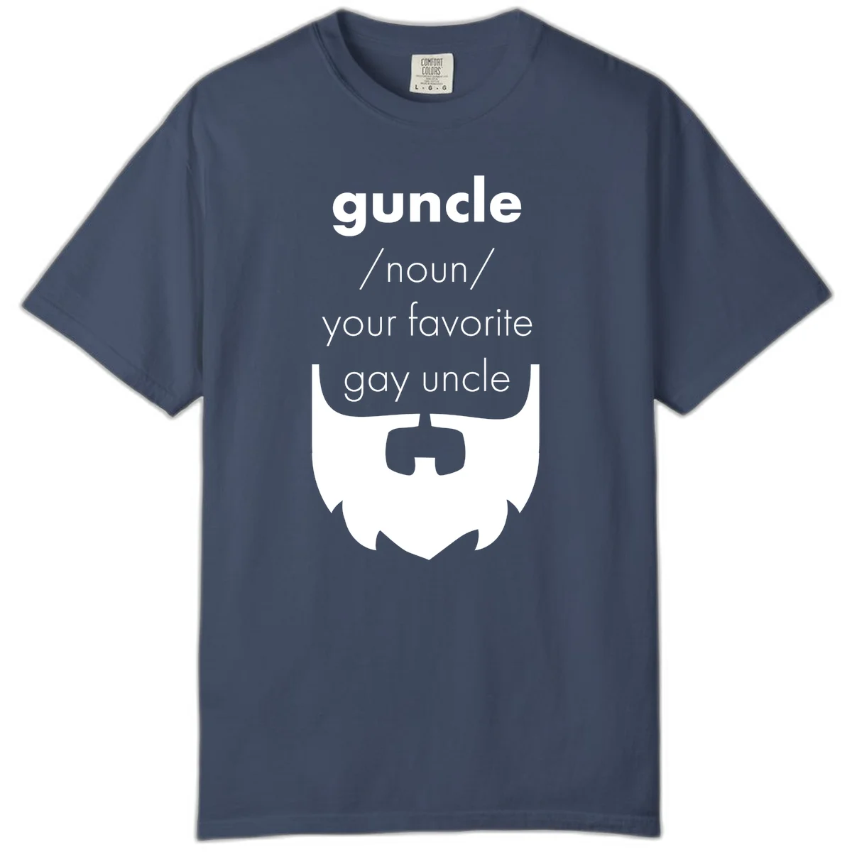 Guncle definition design: white bearded shield badge on gray background with text defining guncle as your favorite gay uncle in Midnight