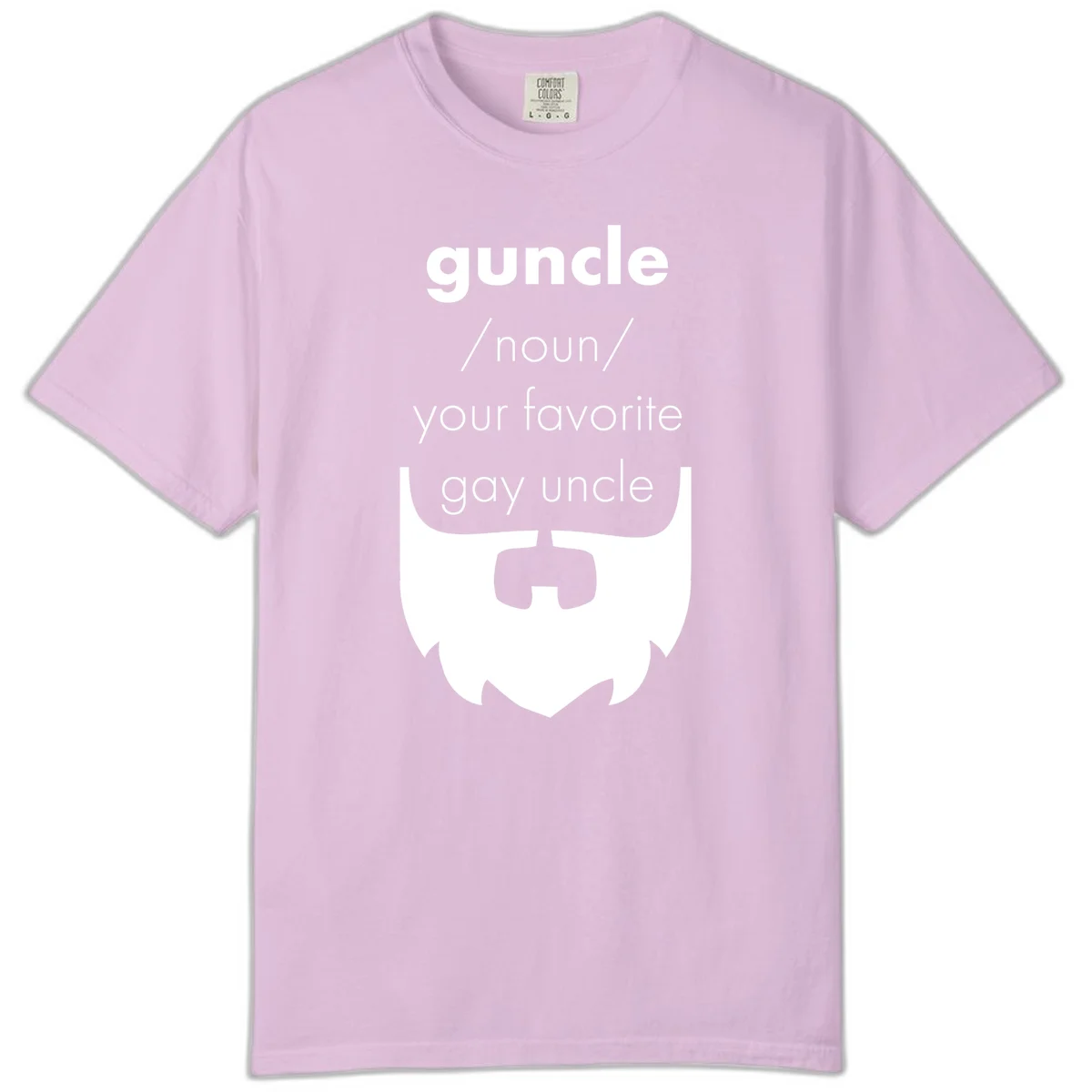 Guncle definition design: white bearded shield badge on gray background with text defining guncle as your favorite gay uncle in Orchid
