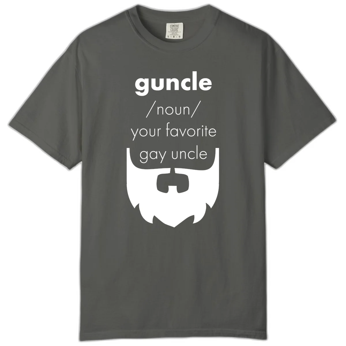 Guncle definition design: white bearded shield badge on gray background with text defining guncle as your favorite gay uncle in Pepper