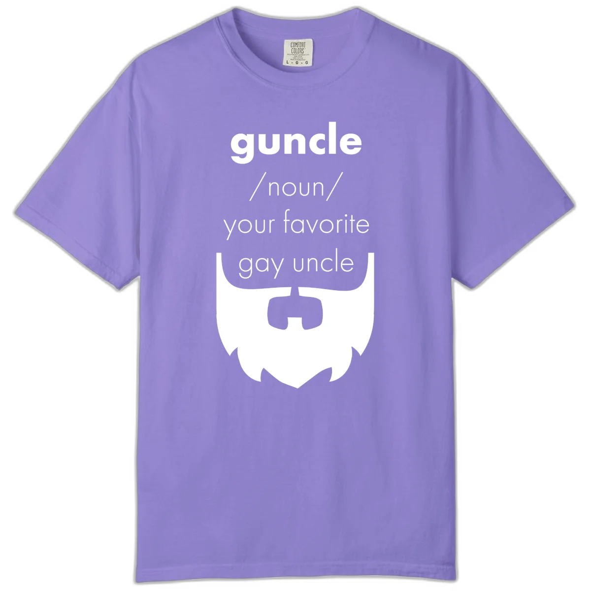Guncle definition design: white bearded shield badge on gray background with text defining guncle as your favorite gay uncle in Violet