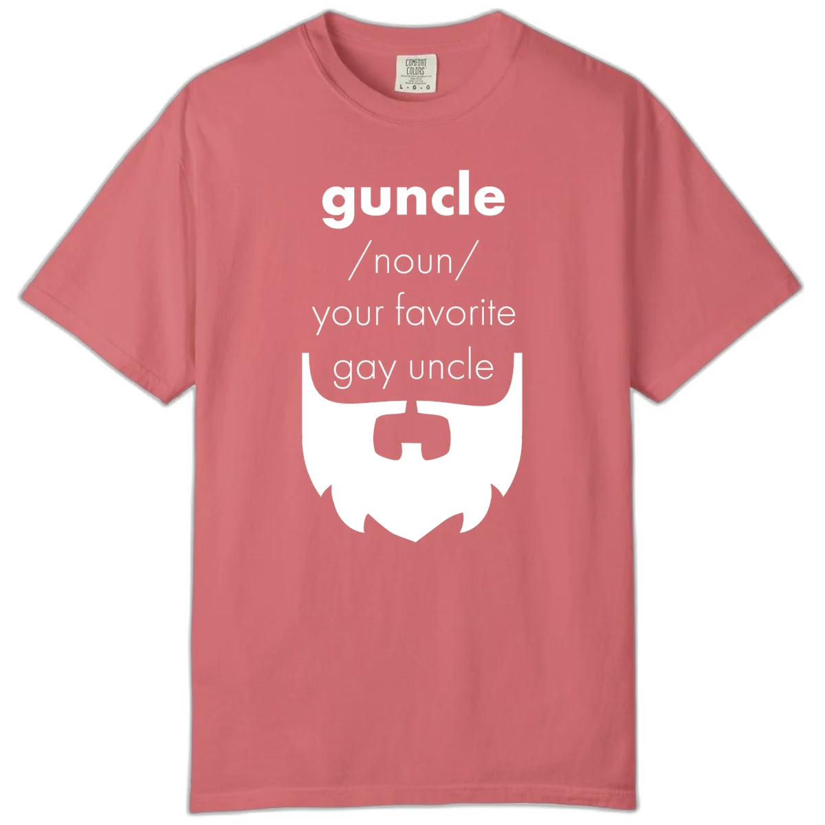 Guncle definition design: white bearded shield badge on gray background with text defining guncle as your favorite gay uncle in Watermelon