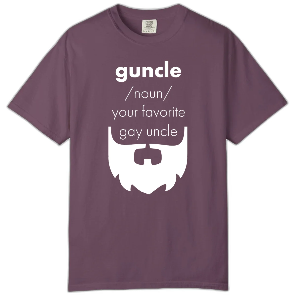 Guncle definition design: white bearded shield badge on gray background with text defining guncle as your favorite gay uncle in Berry