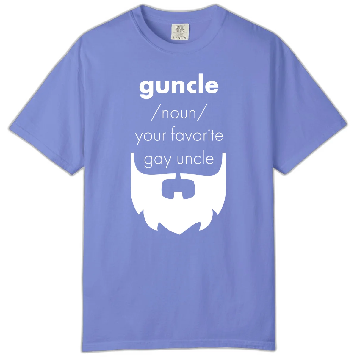 Guncle definition design: white bearded shield badge on gray background with text defining guncle as your favorite gay uncle in Flo Blue