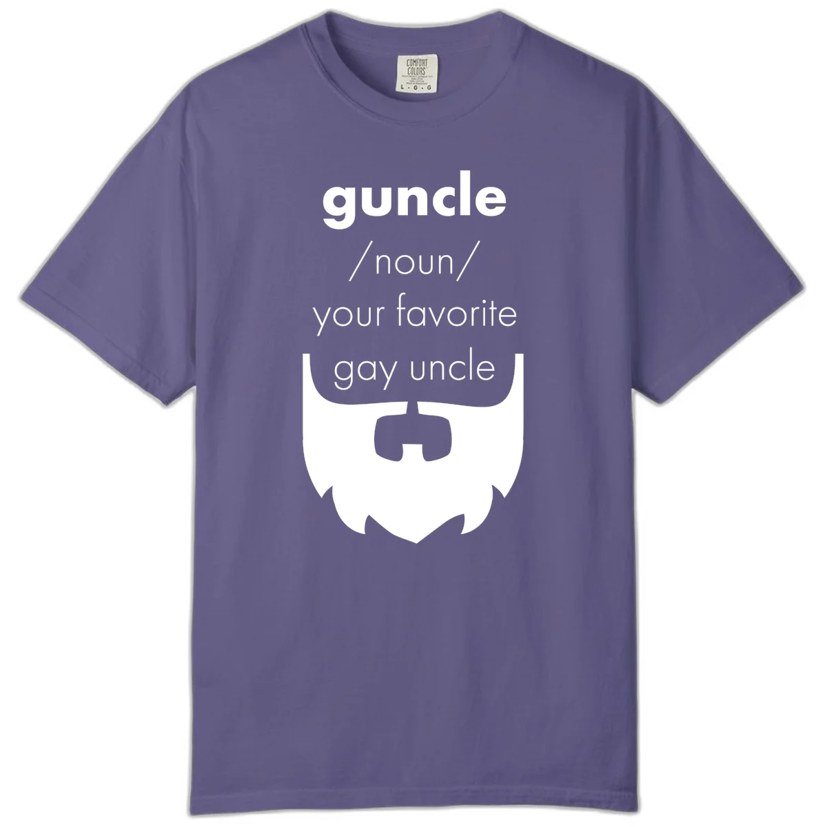 Guncle definition design: white bearded shield badge on gray background with text defining guncle as your favorite gay uncle in Grape