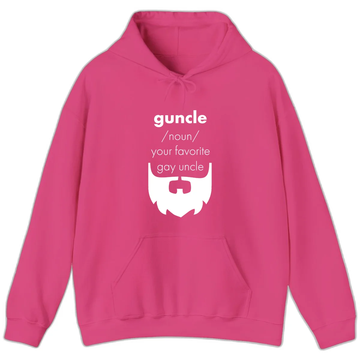 Guncle definition design: white bearded shield badge on gray background with text defining guncle as your favorite gay uncle in Heliconia