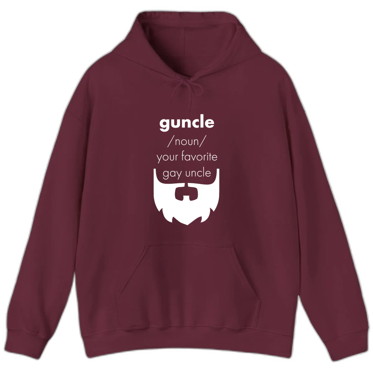Guncle definition design: white bearded shield badge on gray background with text defining guncle as your favorite gay uncle in Maroon