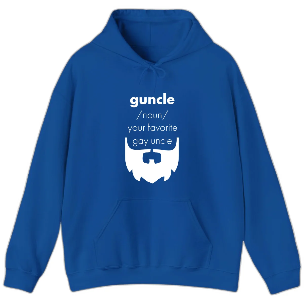 Guncle definition design: white bearded shield badge on gray background with text defining guncle as your favorite gay uncle in Royal