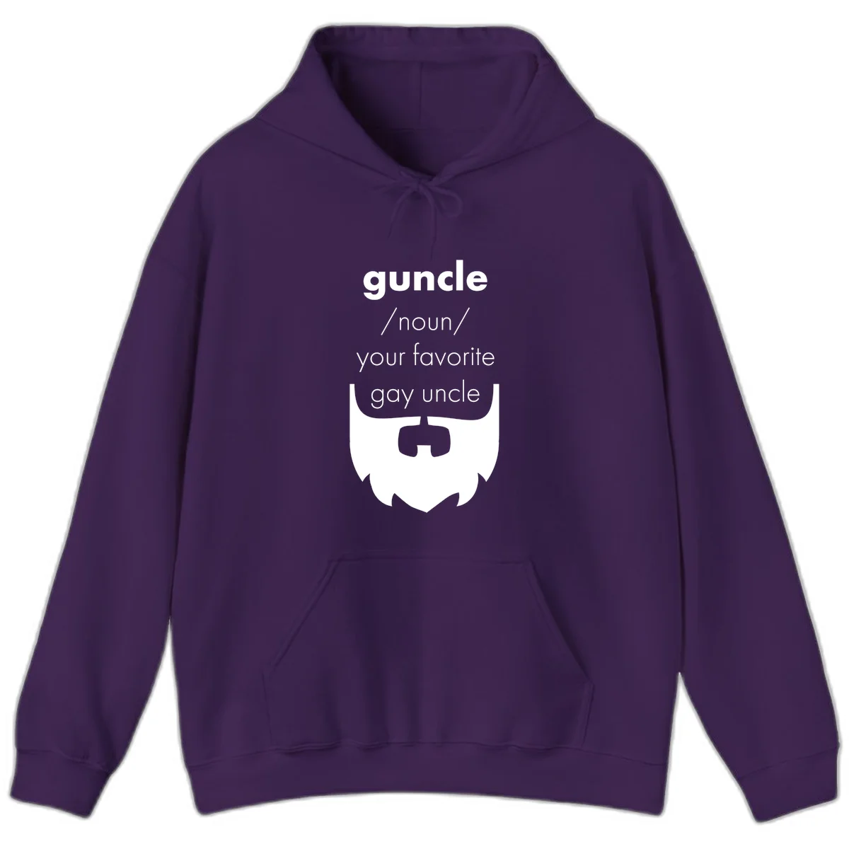Guncle definition design: white bearded shield badge on gray background with text defining guncle as your favorite gay uncle in Purple