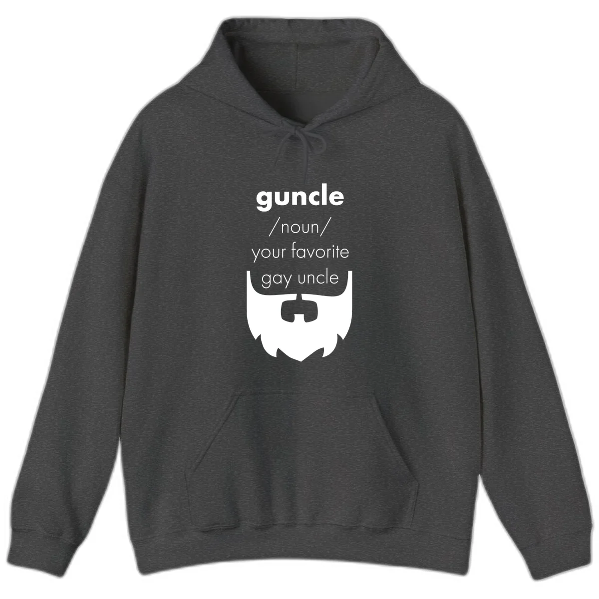 Guncle definition design: white bearded shield badge on gray background with text defining guncle as your favorite gay uncle in Dark Heather