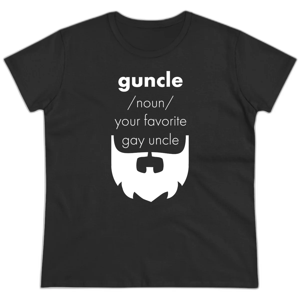 Guncle definition design: white bearded shield badge on gray background with text defining guncle as your favorite gay uncle in Black