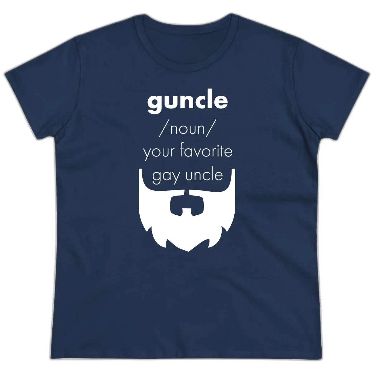 Guncle definition design: white bearded shield badge on gray background with text defining guncle as your favorite gay uncle in Navy