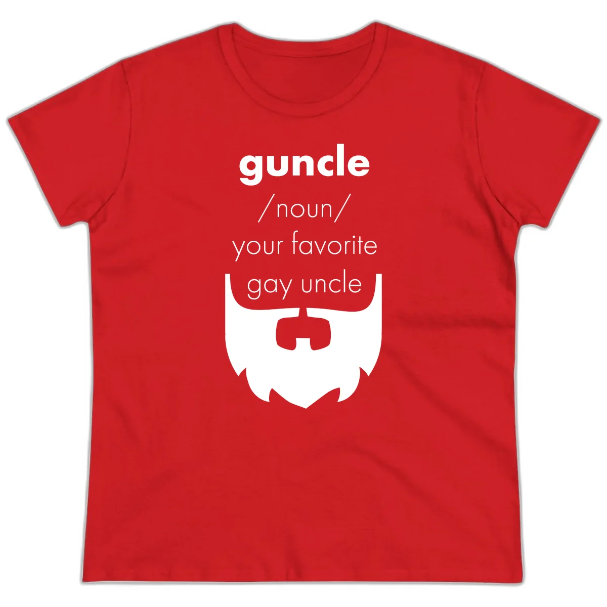 Guncle definition design: white bearded shield badge on gray background with text defining guncle as your favorite gay uncle in Red
