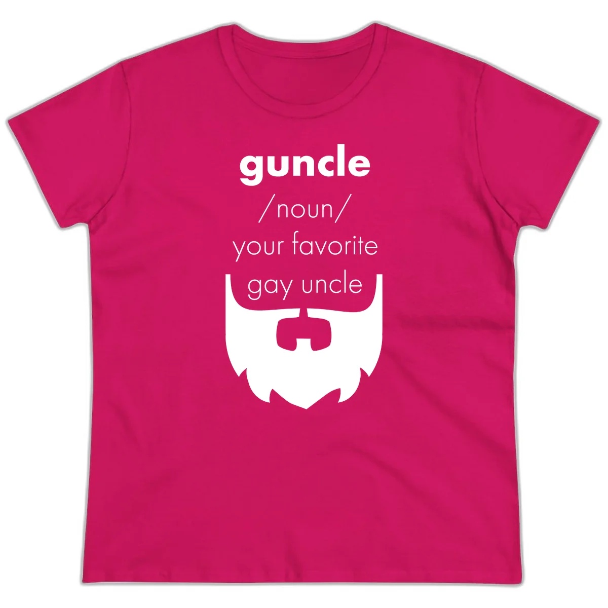 Guncle definition design: white bearded shield badge on gray background with text defining guncle as your favorite gay uncle in Heliconia