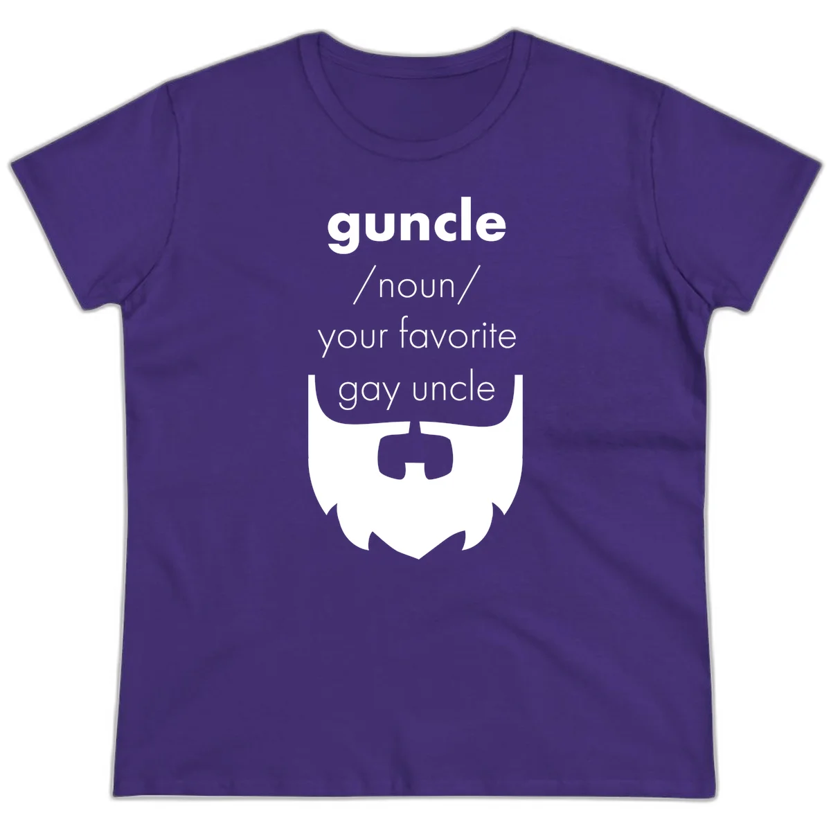 Guncle definition design: white bearded shield badge on gray background with text defining guncle as your favorite gay uncle in Purple